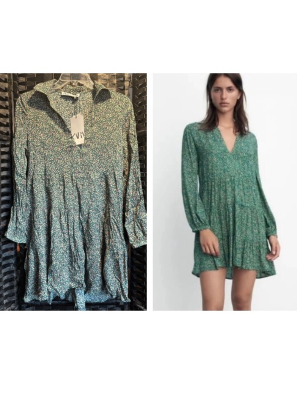 Zara Green Floral V-Neck Collared Long Sleeve Mini Dress